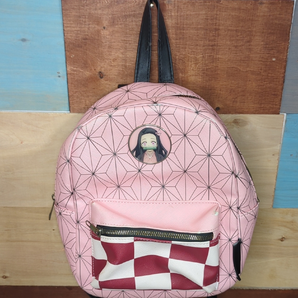 demon Slayer Stylish Pink Geometric Backpack with Character Detail